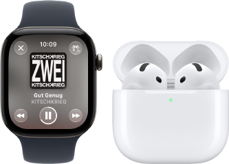 Apple Watch Series 12, Aluminiumgehäuse, Farbe Schwarz, Sportarmband Schwarz, Apple Music App geöffnet, gekoppelt mit AirPods 4