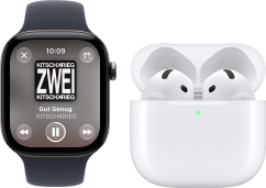 Apple Watch Series 12, Aluminiumgeh�use, Farbe Schwarz, Sportarmband Schwarz, Apple Music App ge�ffnet, gekoppelt mit AirPods 4