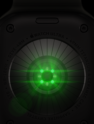 R�ckseite der Apple Watch Ultra 4, Titangeh�use, Farbe Schwarz, mehrere runde Sensoren mit gr�n leuchtenden LEDs