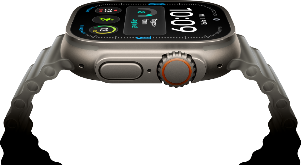 Apple Watch Ultra 4, Titangehäuse, Farbe Natur, digitales Zifferblatt, Komplikationen: Tagesform, Herzfrequenz, Trainings, Temperatur, rechte Seitenansicht, Digital Crown, erhöhte Seitentaste, Ocean Armband, Farbe Halbtransparentes Grau