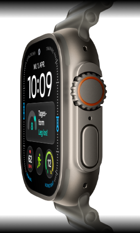 Apple Watch Ultra 4, Titangeh�use, Farbe Natur, digitales Zifferblatt, Komplikationen: Tagesform, Herzfrequenz, Trainings, Temperatur, rechte Seitenansicht, Digital Crown, erh�hte Seitentaste, Ocean Armband, Farbe Halbtransparentes Grau
