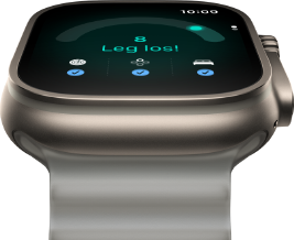 Apple Watch Ultra 4, Titangeh�use, Farbe Natur, Tagesformwert 8, rechte Seitenansicht, Digital Crown, erh�hte Seitentaste, Ocean Armband, Farbe Halbtransparentes Grau