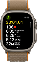 Apple Watch Ultra 4, Titangeh�use, Farbe Natur, fortschrittliche Trainingsdaten f�r Outdoor-Laufen, rechte Seitenansicht, Digital Crown, erh�hte Seitentaste, Trail Loop Armband, Farbe Sand