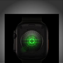 Rückseite der Apple Watch Ultra 4, Titangehäuse, Farbe Schwarz, mehrere runde Sensoren mit grün leuchtenden LEDs