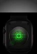 R�ckseite der Apple Watch Ultra 4, Titangeh�use, Farbe Schwarz, mehrere runde Sensoren mit gr�n leuchtenden LEDs