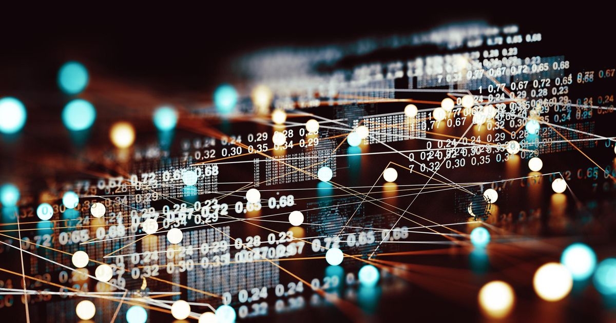 Durch leuchtende Fäden verbundene Lichtpunkte in verschiedenen Farben, dazwischen Zahlenkolonnen