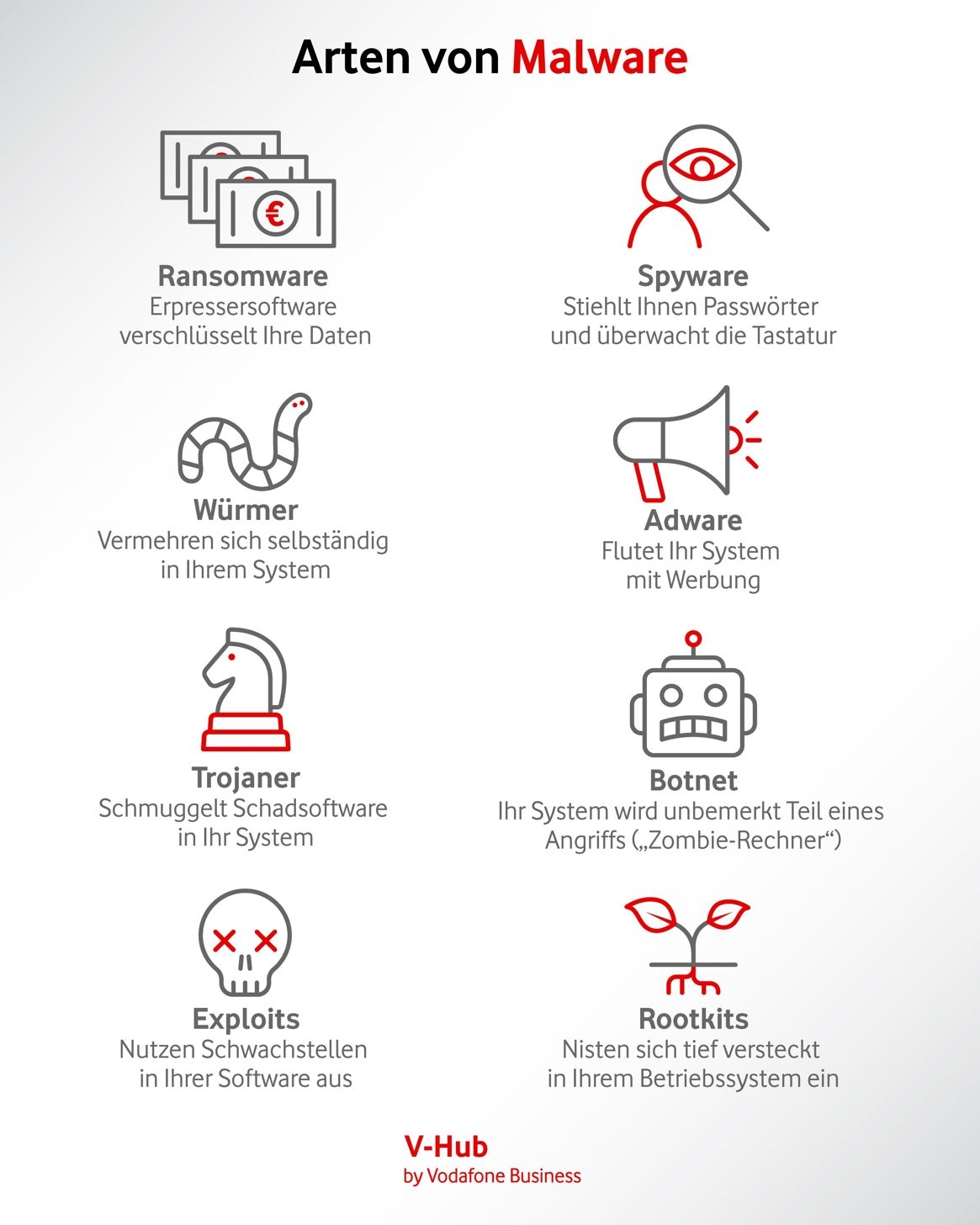 Die wichtigsten Arten von Malware: Ransomware, Spyware, Würmer, Adware, Trojaner, Botnetze, Exploits und Rootkits.