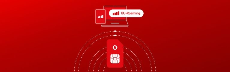 Grafische Darstellung von EU-Roaming mit Vodafone SIM-Karte, Smartphone und Laptop auf rotem Hintergrund mit Signalwellen.