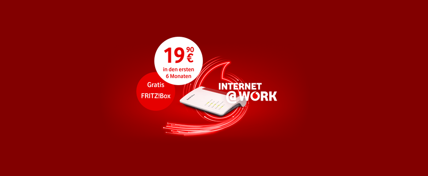 Internet@Work Angebot: 19,90€ für die ersten 6 Monate mit gratis FRITZ!Box auf rotem Hintergrund.