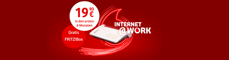 Internet@Work Angebot: 19,90€ für die ersten 6 Monate mit gratis FRITZ!Box Router auf rotem Hintergrund.