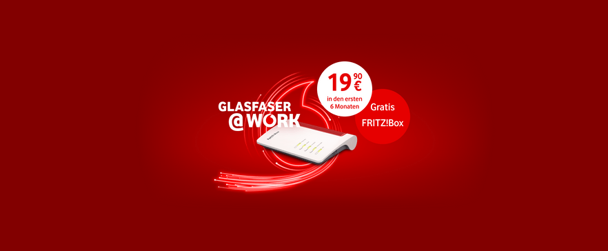 Glasfaser @WORK Angebot: 19,90€ in den ersten 6 Monaten mit gratis FRITZ!Box auf rotem Hintergrund.
