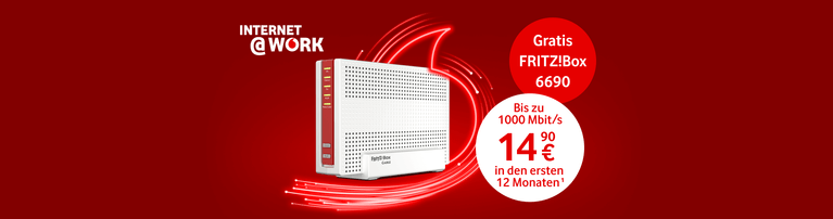 Internet@WORK Werbung mit gratis FRITZ!Box 6690, 1000 Mbit/s für 14,90 € monatlich auf rotem Hintergrund.