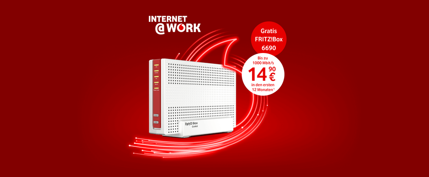 FRITZ!Box 6690 Werbeangebot auf rotem Hintergrund: Gratis Router, 1000 Mbit/s für 14,90 € in den ersten 12 Monaten.