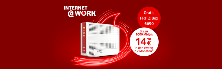 Werbeanzeige für Internet@Work mit kostenloser FRITZ!Box 6690 und 1000 Mbit/s für 14,90 € monatlich auf rotem Hintergrund.