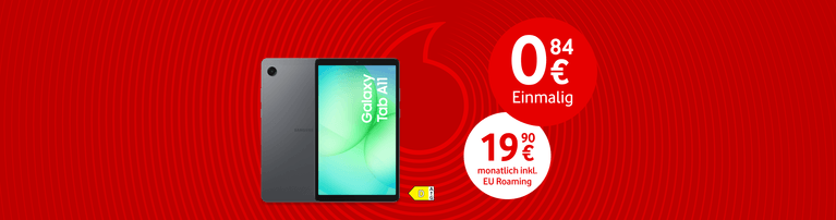 Werbebanner auf rotem Hintergrund mit einem Samsung Galaxy Tab A11 und Mobilfunktarifen: 0,84 € einmalig und 19,90 € monatlich inklusive EU-Roaming