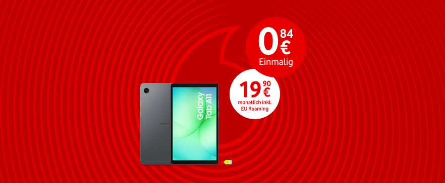 Werbebanner auf rotem Hintergrund mit einem Samsung Galaxy Tab A11 und Mobilfunktarifen: 0,84 € einmalig und 19,90 € monatlich inklusive EU-Roaming