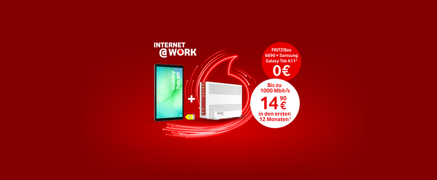 Vodafone Internetangebot: FRITZBox und Samsung Galaxy Tab A11 für 0 € mit 1000 Mbit/s für 14,90 € monatlich im ersten Jahr.
