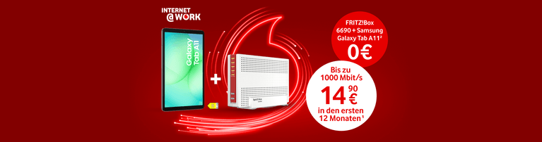 Werbeangebot für Internet@Work: FRITZ!Box 6690 mit Samsung Galaxy Tab A11 für 0€ und 14,90 € monatlich für 1000 Mbit/s.