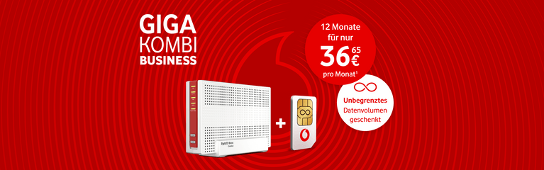 GIGA KOMBI BUSINESS Angebot: Router und SIM-Karte mit unbegrenztem Datenvolumen für 36,65 € monatlich auf rotem Hintergrund.