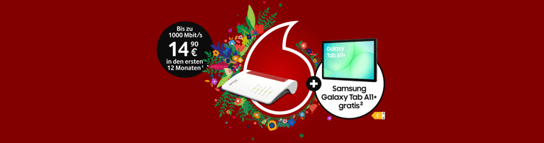 FRITZ!Box 6670 mit Samsung Galaxy Tab A11+ für 0 € und 14,90 € monatlich für 1000 Mbit/s.