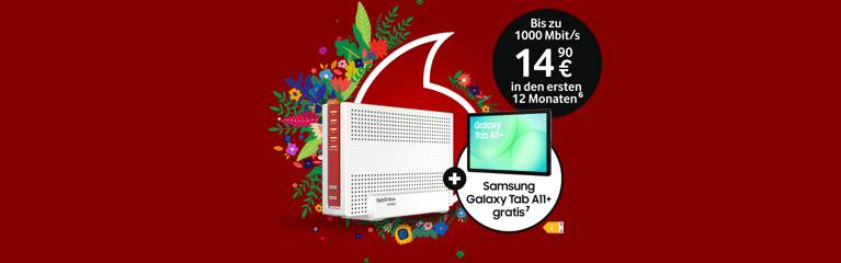 Werbeangebot: FRITZ!Box 6690 mit Samsung Galaxy Tab A11+ für 0 € und 14,90 € monatlich für 1000 Mbit/s.