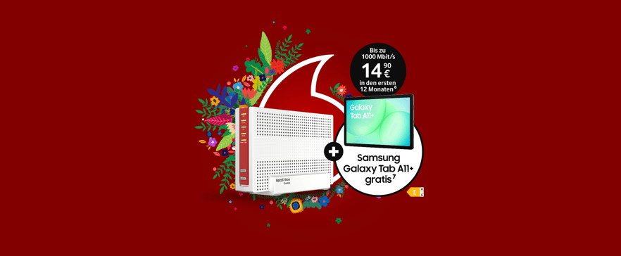Vodafone Internetangebot: FRITZBox und Samsung Galaxy Tab A11+ für 0 € mit 1000 Mbit/s für 14,90 € monatlich im ersten Jahr.