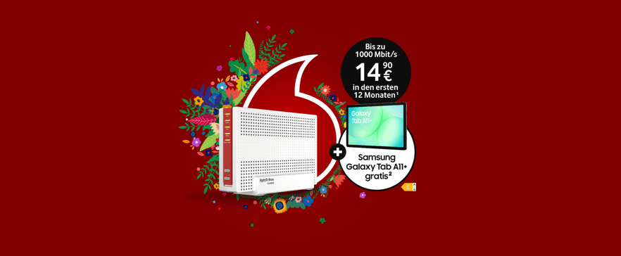 FRITZBox und Samsung Galaxy Tab A11+ für 0 € mit 1000 Mbit/s für 14,90 € monatlich im ersten Jahr.