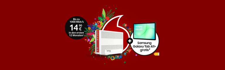 Vodafone Internetangebot: FRITZBox und Samsung Galaxy Tab A11+ für 0 € mit 1000 Mbit/s für 14,90 € monatlich im ersten Jahr.