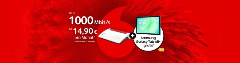 FRITZ!Box 6670 mit Samsung Galaxy Tab A11+ für 0 € und 14,90 € monatlich für 1000 Mbit/s.