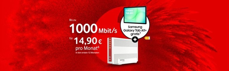 Werbeangebot: FRITZ!Box 6690 mit Samsung Galaxy Tab A11+ für 0 € und 14,90 € monatlich für 1000 Mbit/s.