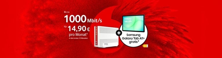 FRITZ!Box 6690 mit Samsung Galaxy Tab A11+ für 0 € und 14,90 € monatlich für 1000 Mbit/s.