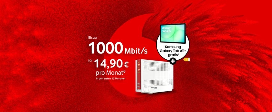 Vodafone Internetangebot: FRITZBox und Samsung Galaxy Tab A11+ für 0 € mit 1000 Mbit/s für 14,90 € monatlich im ersten Jahr.