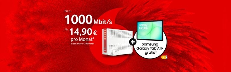 Vodafone Internetangebot: FRITZBox und Samsung Galaxy Tab A11+ für 0 € mit 1000 Mbit/s für 14,90 € monatlich im ersten Jahr.
