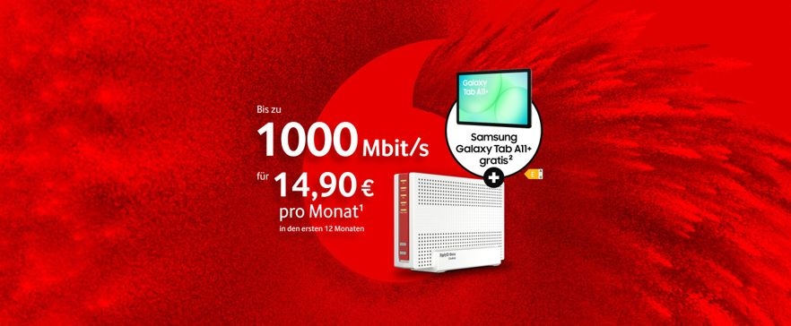 FRITZBox und Samsung Galaxy Tab A11+ für 0 € mit 1000 Mbit/s für 14,90 € monatlich im ersten Jahr.