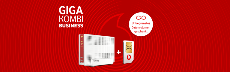GIGA KOMBI BUSINESS Angebot: Router und SIM-Karte mit unbegrenztem Datenvolumen für 36,65 € monatlich auf rotem Hintergrund.