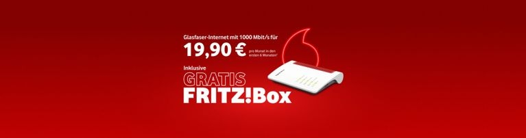 Glasfaser-Internetangebot mit FRITZ!Box gratis für 19,90€ in den ersten 6 Monaten, auf rotem Hintergrund dargestellt.
