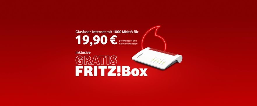 Glasfaser @WORK Angebot: 19,90€ in den ersten 6 Monaten mit gratis FRITZ!Box auf rotem Hintergrund.