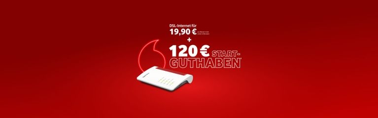 Vodafone DSL-Angebot mit 19,90 € pro Monat in den ersten 6 Monaten plus 120 € Startguthaben, dargestellt mit Fritzbox-Router vor rotem Hintergrund und Vodafone-Logo