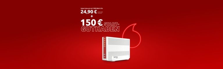 Vodafone Kabel-Internet mit 1.000 Mbit/s, 150 € Startguthaben und FRITZ!Box auf rotem Aktionsbanner.