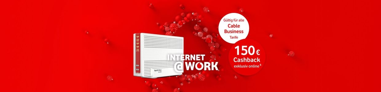 Weißer FRITZ!Box Router auf rotem Hintergrund mit "INTERNET@WORK" Text und "Bis zu 150 € Cashback" Angebot.