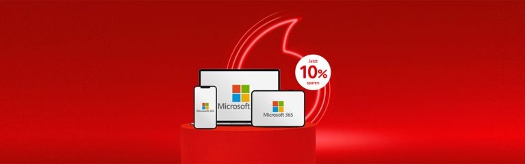 Microsoft 365 Werbeangebot auf rotem Hintergrund: 10 % sparen.