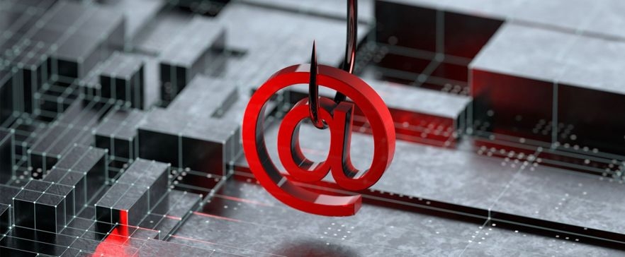 Rotes „@“-Symbol an einem Angelhaken als Symbol für Phishing und Cyberkriminalität.