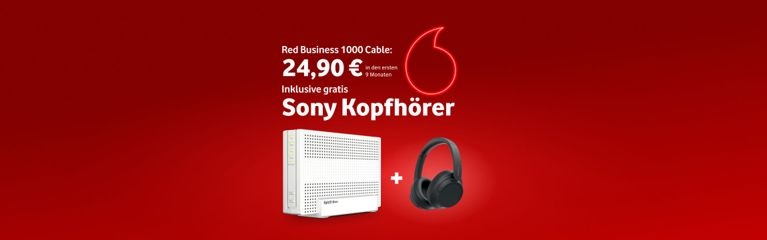 Vodafone Kabel-Internet mit 75 Mbit/s Upload, Sony Kopfhörern und FRITZ!Box auf rotem Aktionsbanner.