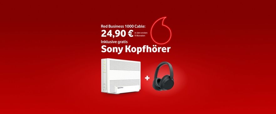 Vodafone Kabel-Internet mit 75 Mbit/s Upload, Sony Kopfhörern und FRITZ!Box auf rotem Aktionsbanner.