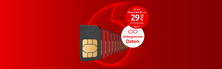 Mehrere Vodafone Business Prime SIM-Karten vor rotem Hintergrund mit grafischen Kreiselementen. Daneben die Botschaften „Unbegrenzte Daten“ und „Mit der Team Card XL nur 29,50 € im Monat pro Karte“.