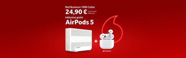 Vodafone Kabel-Internet mit 75 Mbit/s Upload, AirPods 5 und FRITZ!Box auf rotem Aktionsbanner.