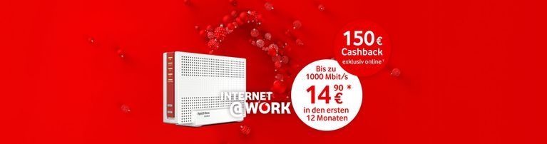 Weißer WLAN-Router auf rotem Hintergrund mit 150 € Cashback-Angebot und "Internet@WORK"-Text für 14,90 € monatlich.