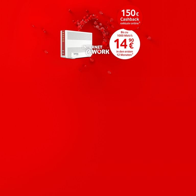WLAN-Router auf rotem Hintergrund mit 150 € Cashback-Angebot und Internetpaket für 14,90 € monatlich mit bis zu 1000 Mbit/s.