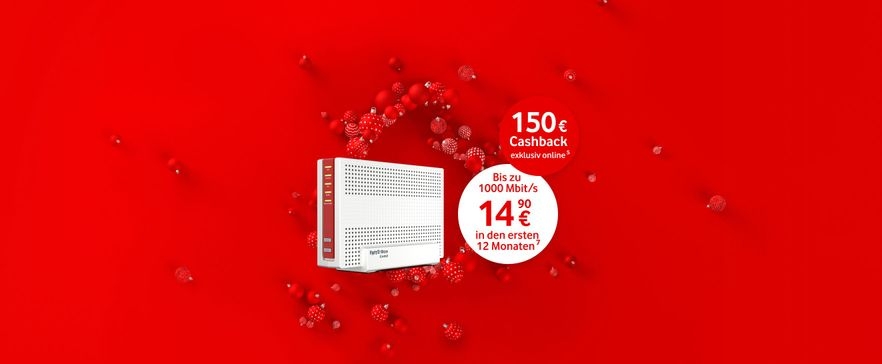 FRITZ!Box Router auf rotem Hintergrund mit Werbung für Cable Business Tarife und 150 € Cashback-Angebot exklusiv online.