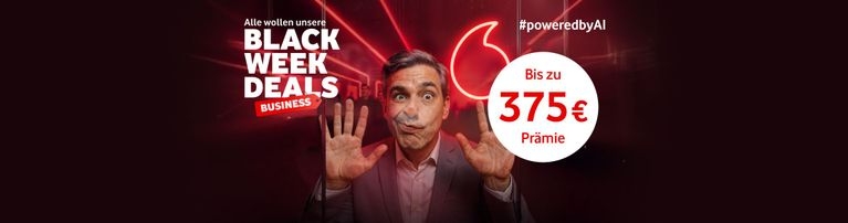 Vodafone Black Week-Deals Werbung mit rotem Hintergrund, Business-Angebot und Prämie bis zu 375 €, #poweredbyAI